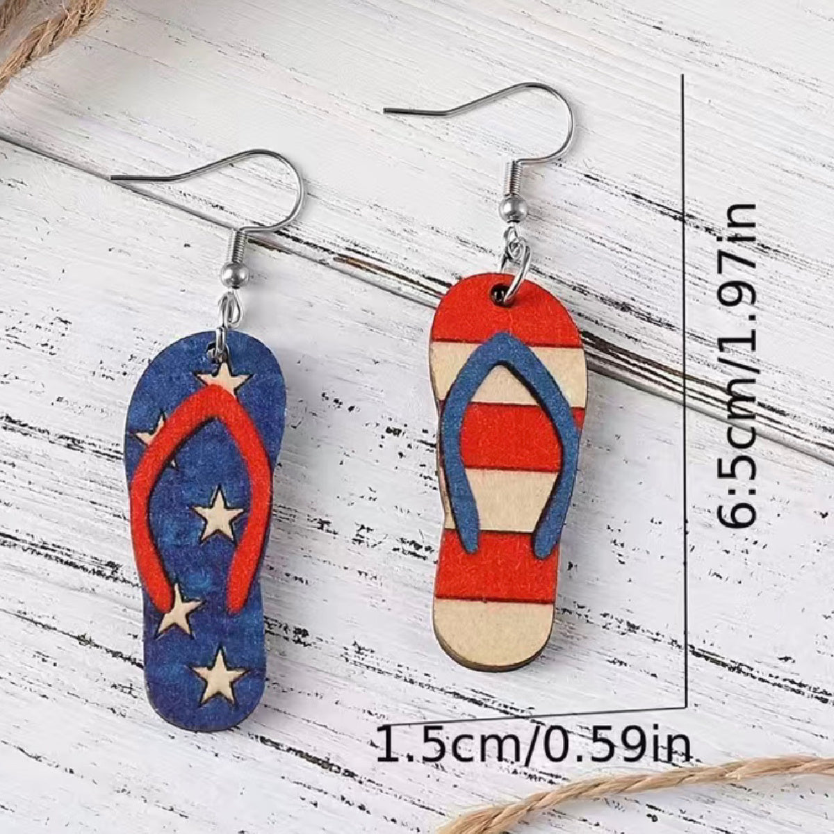 USA Summer Flip Flops Wooden Dangle Earrings Red, White, Blue America Stars NEW