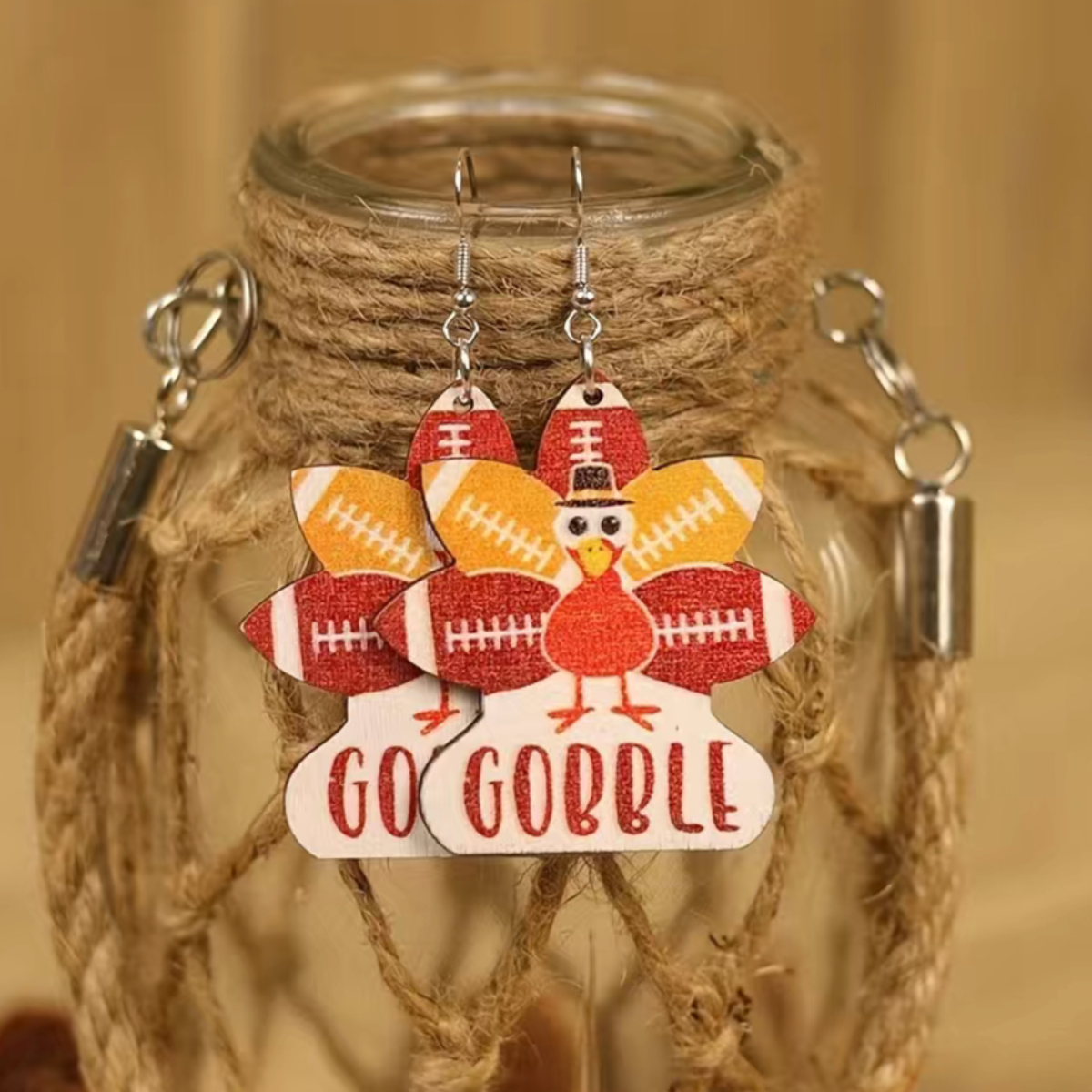Thanksgiving Turkey Earrings Pilgrim Football Cartoon Autumn Fall Wooden NEW