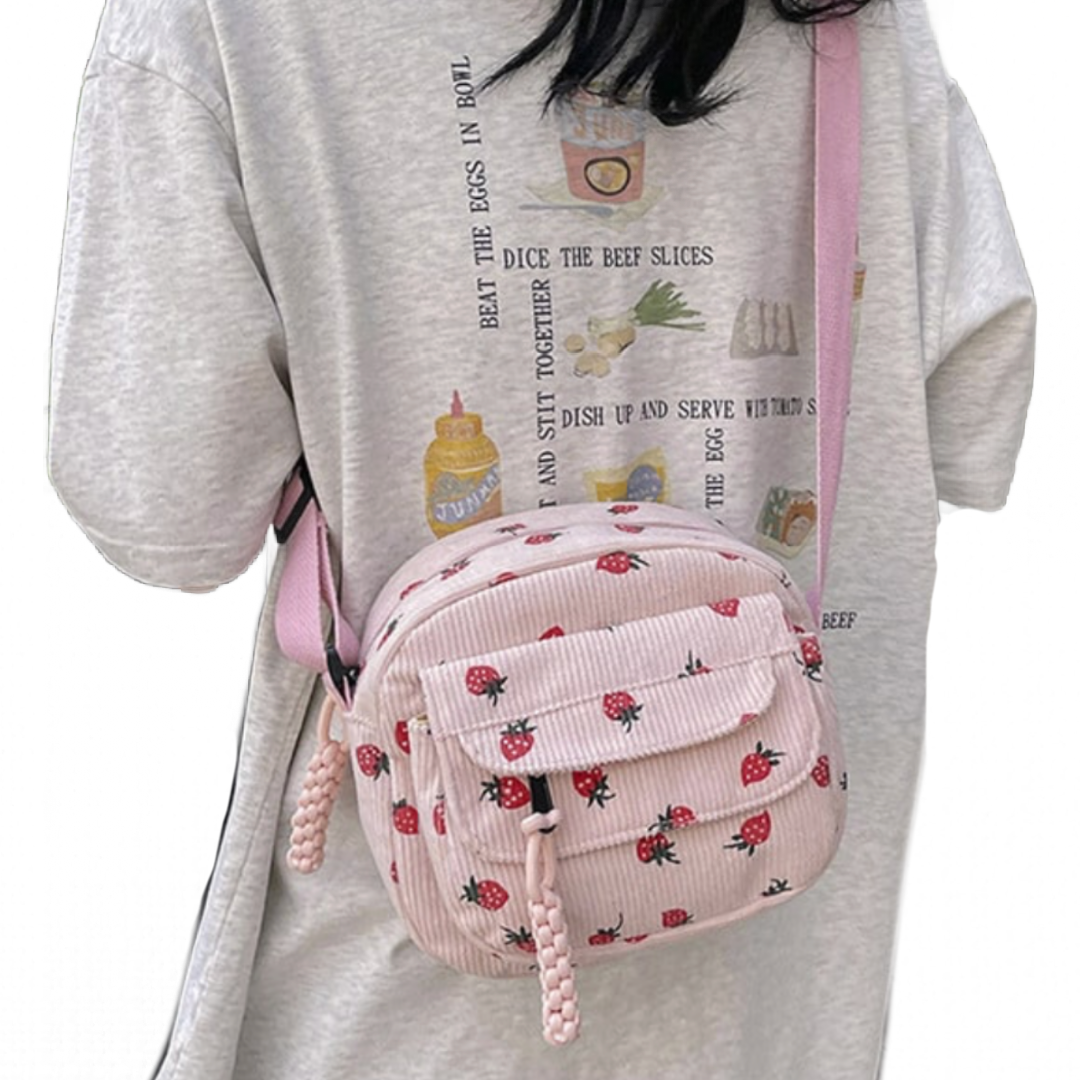 Small Corduroy Strawberry Print Shoulder Hand Bag Purse Crossbody New