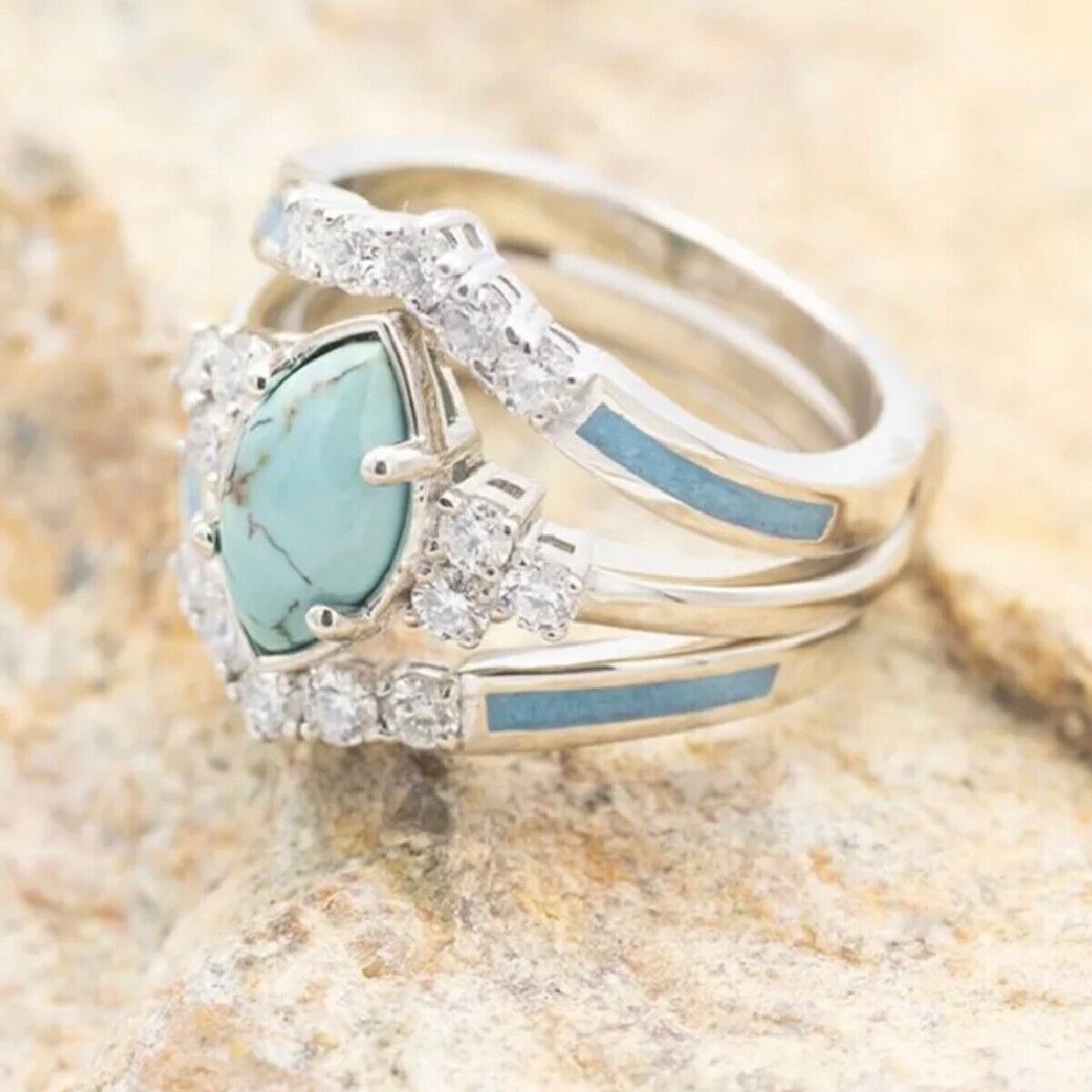 Multilayer Turquoise Rings With Delicate Moissanite Silver Tone 3 Piece New Set