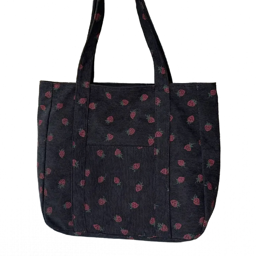 Corduroy Tote Bag Strawberry Pattern Large 13"x12" Shoulder Bag Purse New