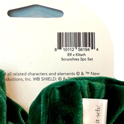 Kit•sch x elf 2pc Hair Scrunchie Set Green Velvet & White Faux Fur NEW