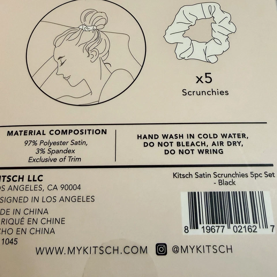 Kitsch Satin Sleep Scrunchies 5pc Set All Black NIB