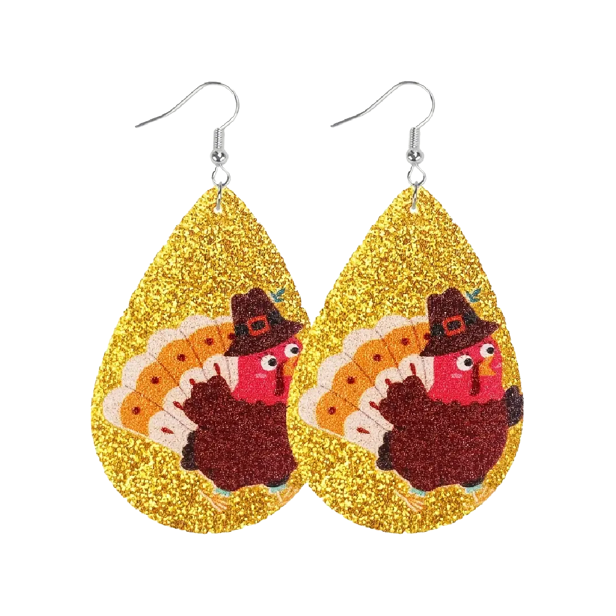 Thanksgiving Turkey Glitter Earrings Pilgrim Hat Faux Leather Autumn Dangle NEW