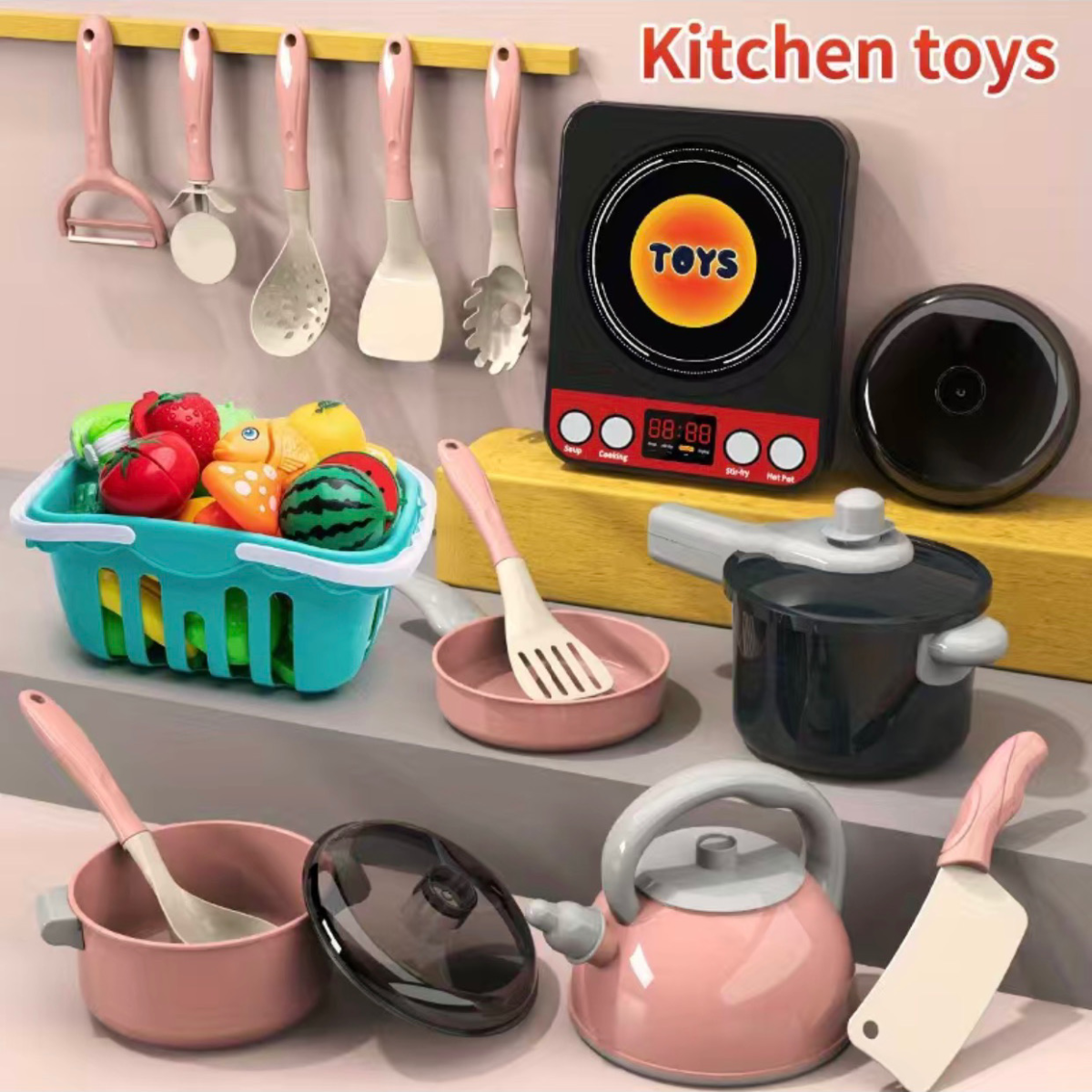 Kids Play Kitchen Food Cooking Utensils Pots Pans Accessories Set