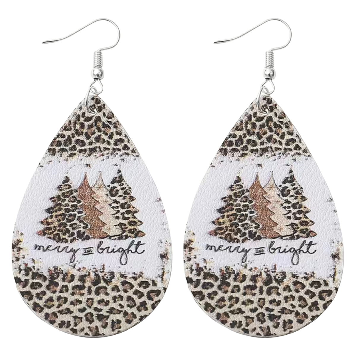 Leopard Pine Tree Earrings "Merry & Bright" Faux Leather Winter Christmas NEW