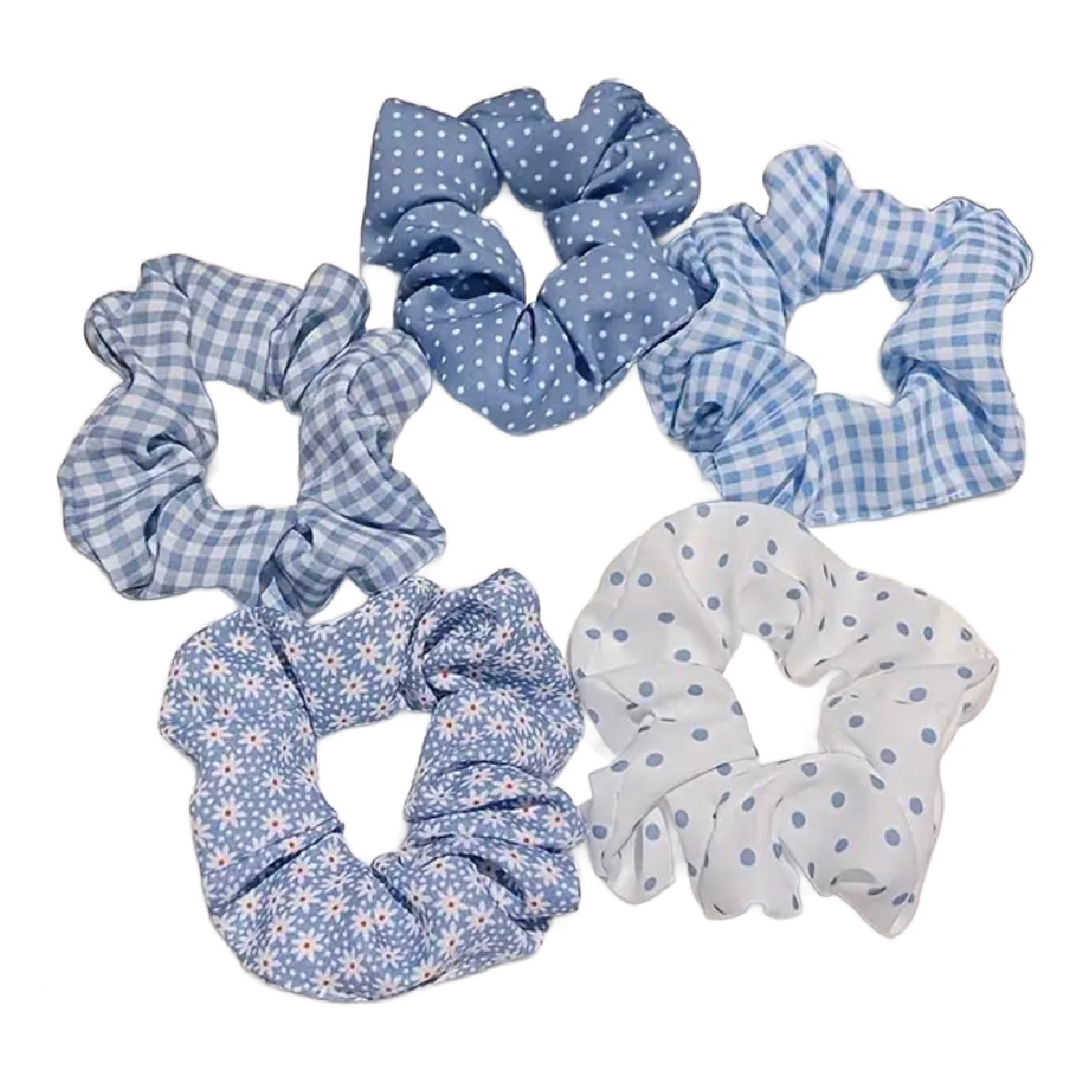 5pc Hair Blue Scrunchies Ponytail Elastic Ties Set Lot Polka Dots Floral Gingham