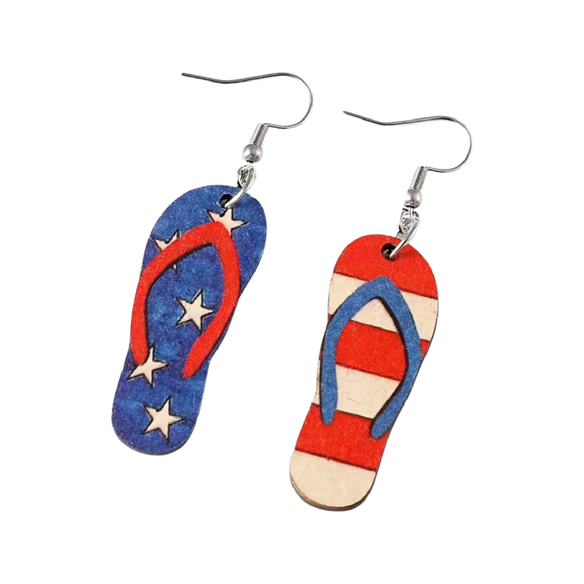 USA Summer Flip Flops Wooden Dangle Earrings Red, White, Blue America Stars NEW