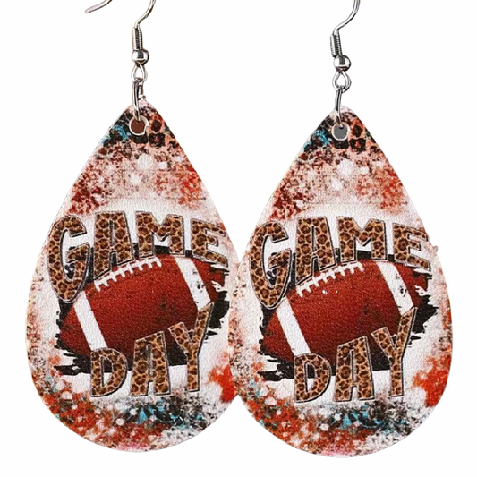 Faux Leather Football Earrings Leopard Print "GAME DAY" Teardrop 3" Sport NEW