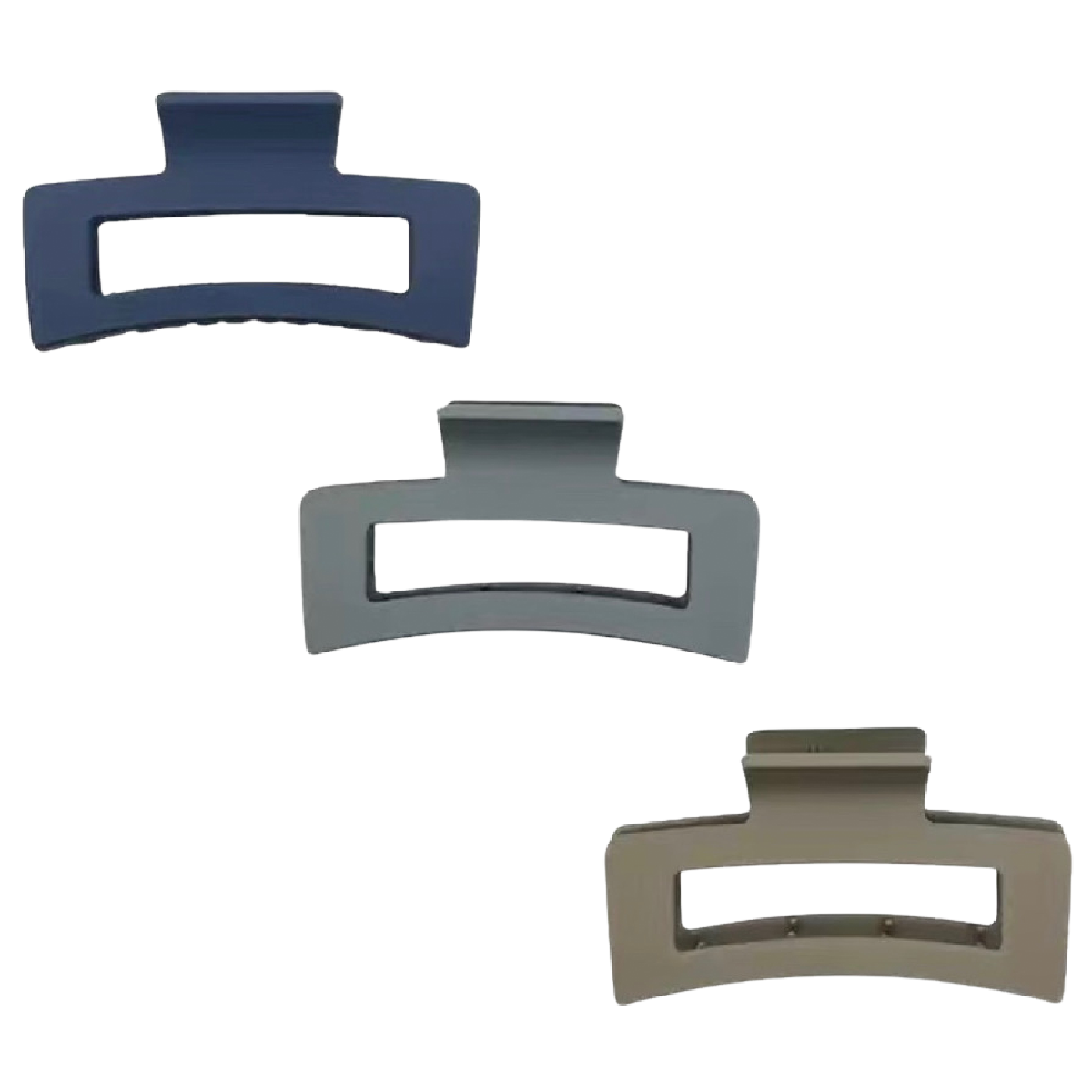 Lot of 3 Hair Claw Shark Clips Matte Opaque Blue, Gray, Tan Rectangle 3.3" NEW