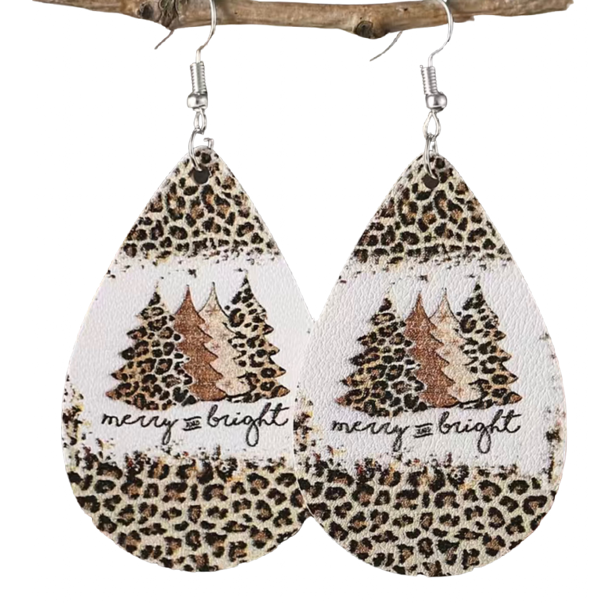 Leopard Pine Tree Earrings "Merry & Bright" Faux Leather Winter Christmas NEW