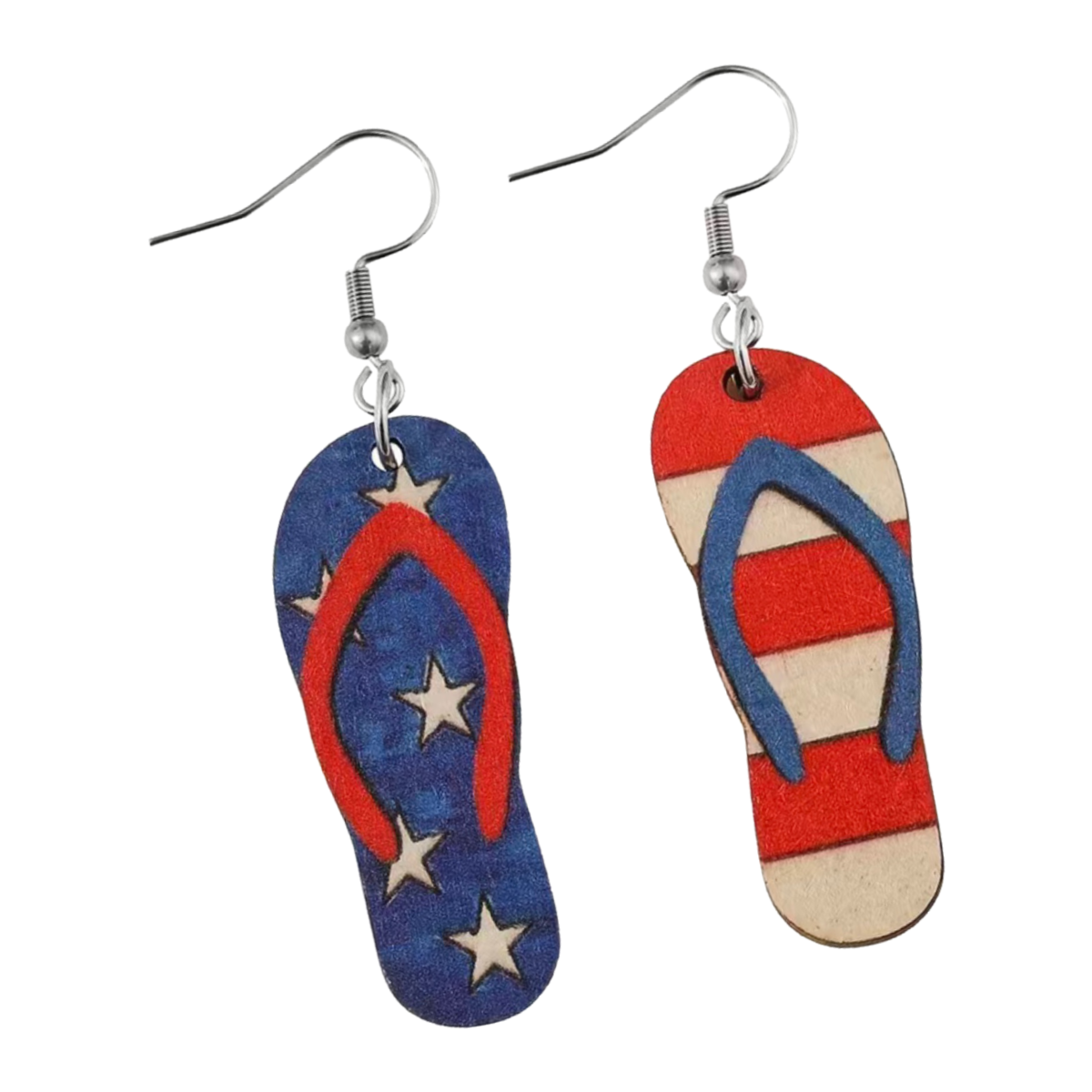 USA Summer Flip Flops Wooden Dangle Earrings Red, White, Blue America Stars NEW