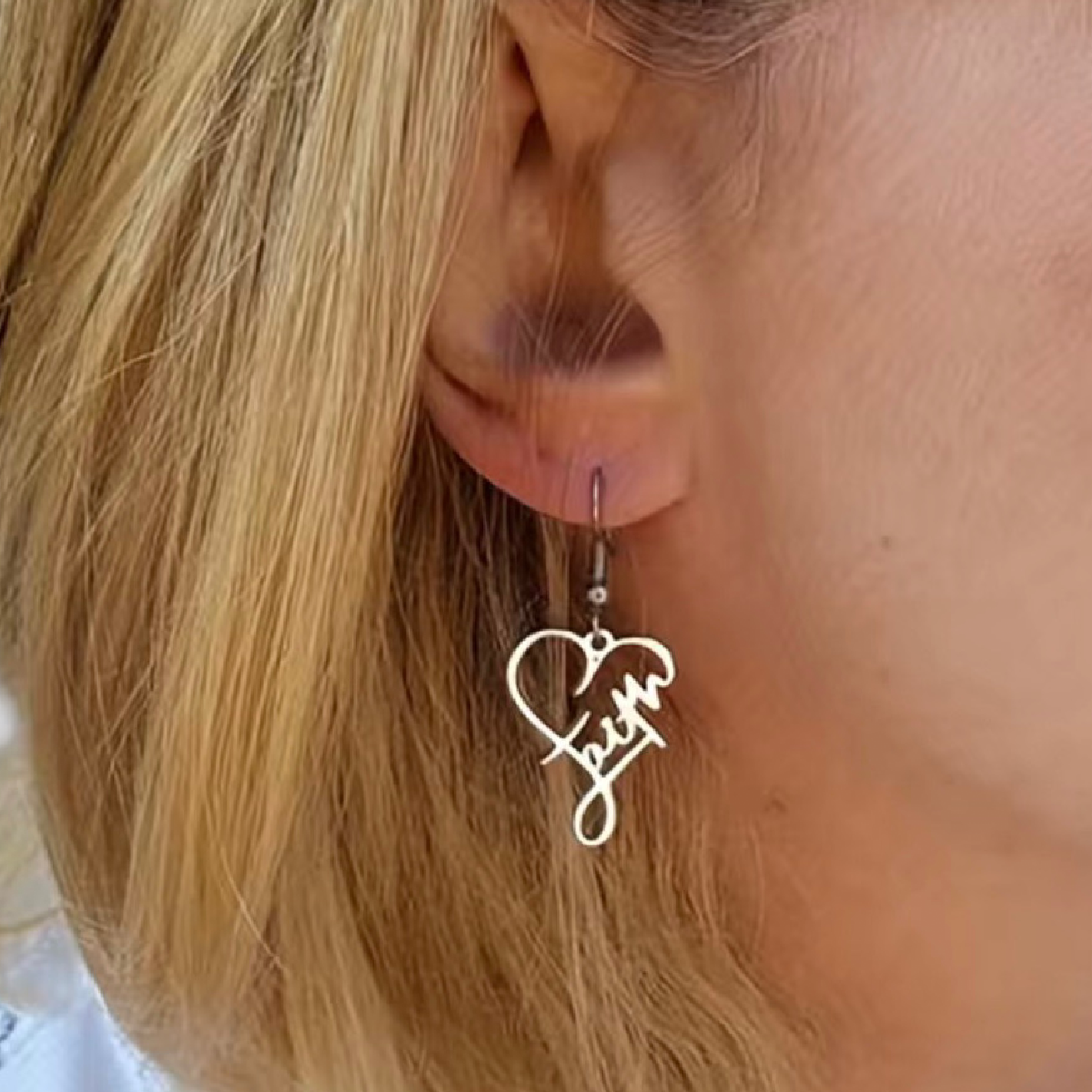 Stainless Steel Heart Cross "Faith" Silver Earrings Dangle Hook New