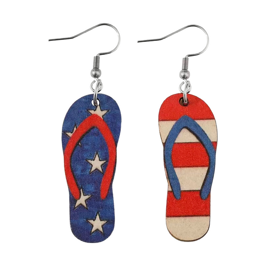 USA Summer Flip Flops Wooden Dangle Earrings Red, White, Blue America Stars NEW