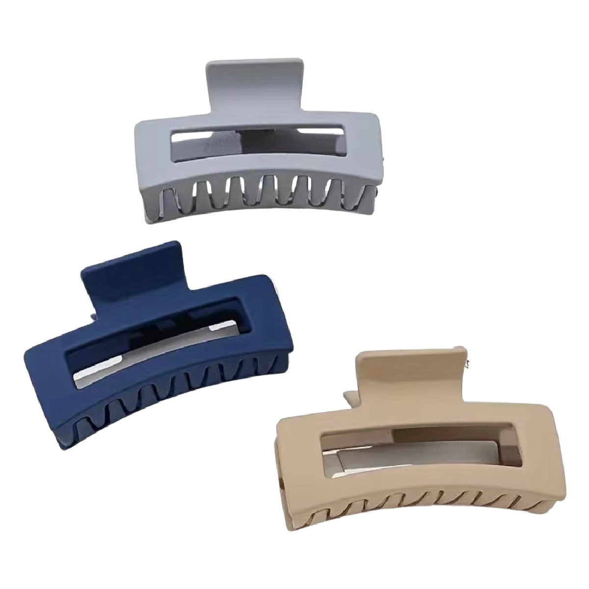 Lot of 3 Hair Claw Shark Clips Matte Opaque Blue, Gray, Tan Rectangle 3.3" NEW