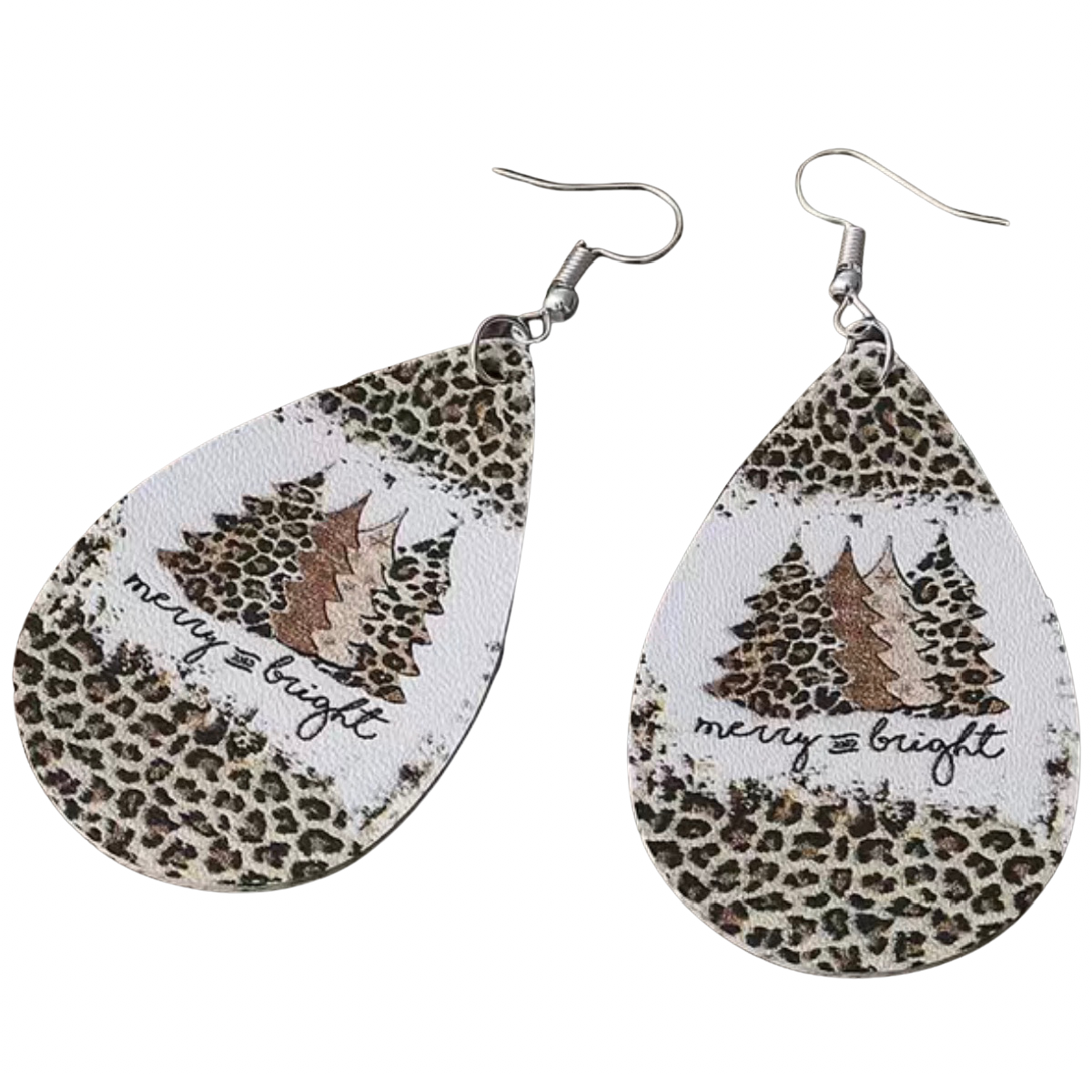 Leopard Pine Tree Earrings "Merry & Bright" Faux Leather Winter Christmas NEW