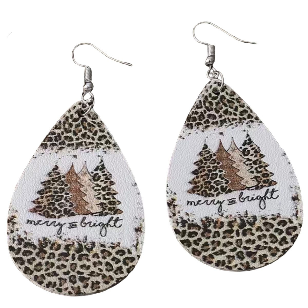 Leopard Pine Tree Earrings "Merry & Bright" Faux Leather Winter Christmas NEW