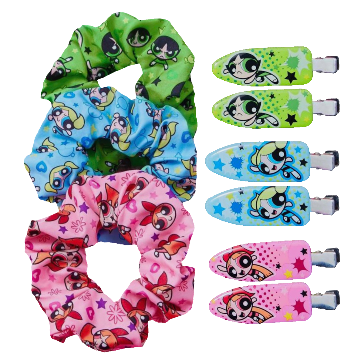 9 pc Powerpuff Girls Satin Scrunchies & Alligator Hair Clips New Lot