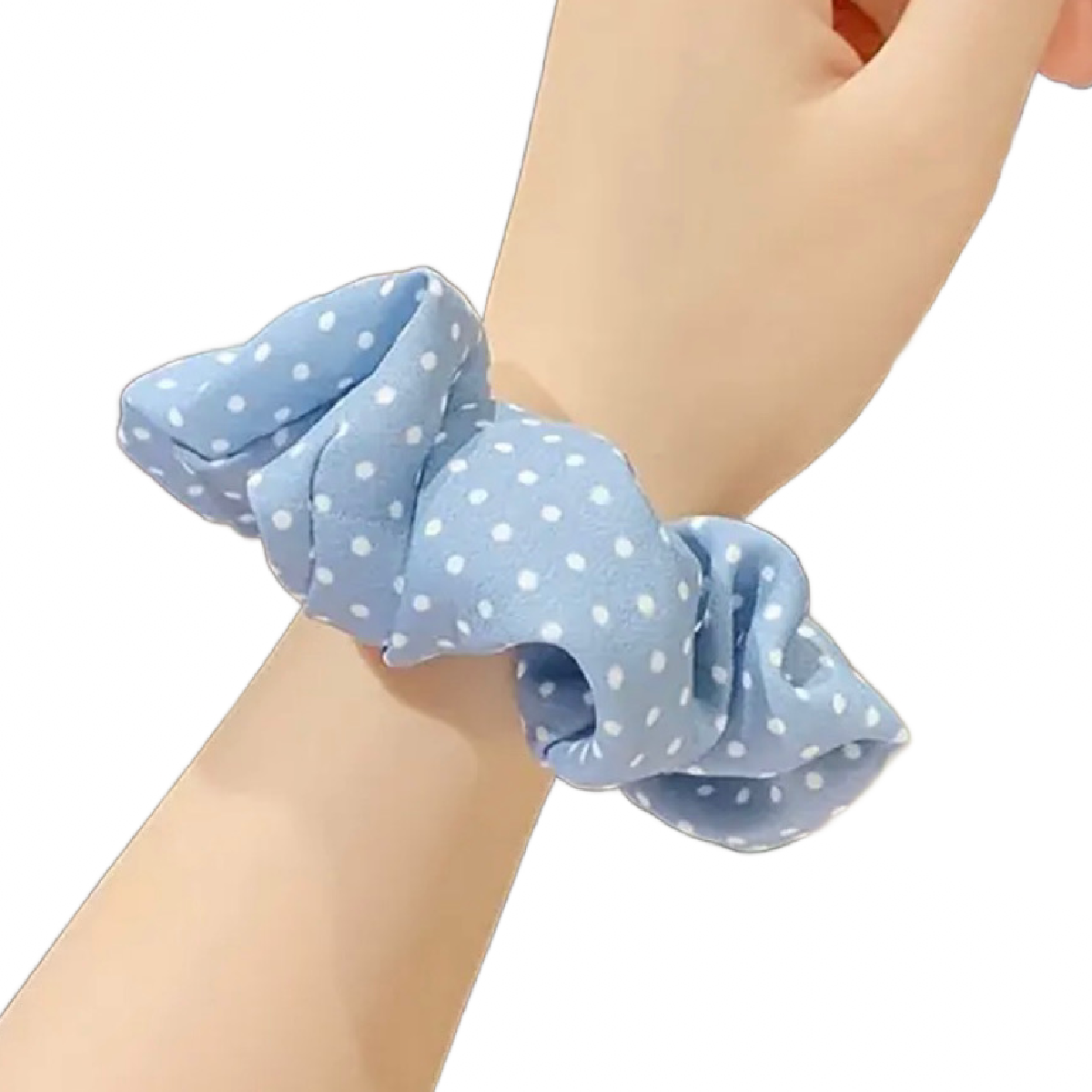 5pc Hair Blue Scrunchies Ponytail Elastic Ties Set Lot Polka Dots Floral Gingham