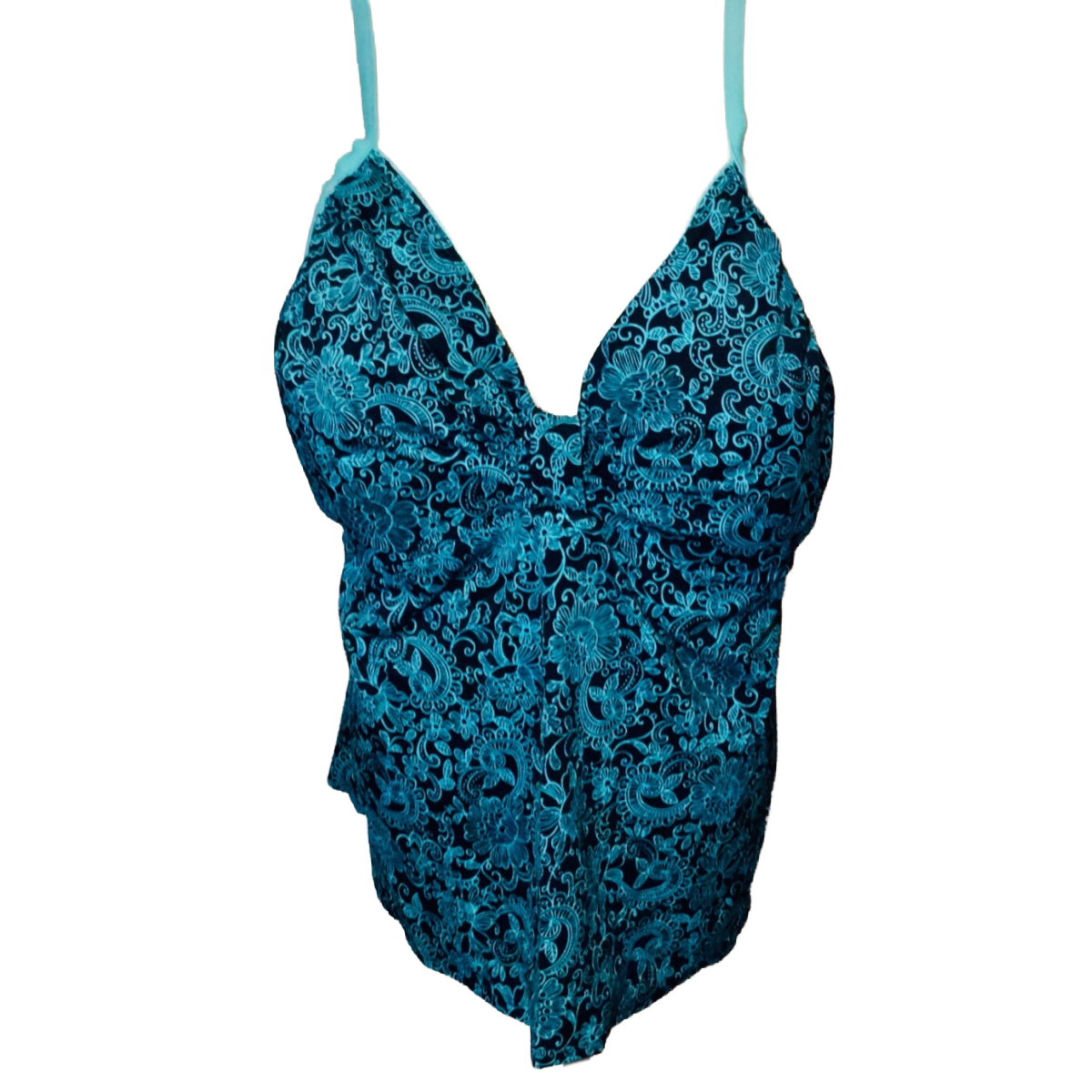 It Figures! Lady Swim Tankini Top Size 32W Padded Floral Paisley Black Teal