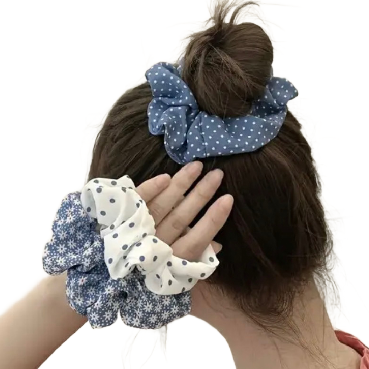 5pc Hair Blue Scrunchies Ponytail Elastic Ties Set Lot Polka Dots Floral Gingham