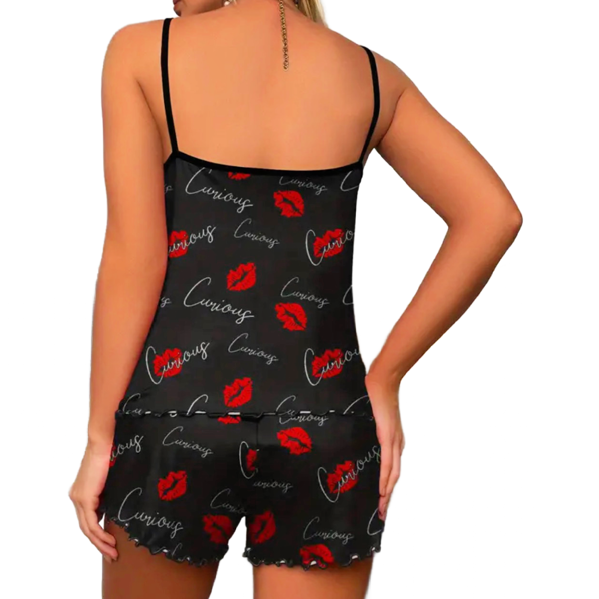 Curious Red Lips 2pc PJ Set Women's Kiss Loungewear Pajamas Cami Top & Shorts