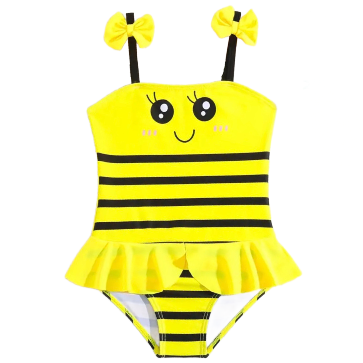 Girl's Bee Pattern One-Piece Swimwear Bowknot Decor Ruffled Bathing Swimsuit New