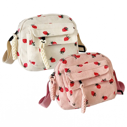 Small Corduroy Strawberry Print Shoulder Hand Bag Purse Crossbody New