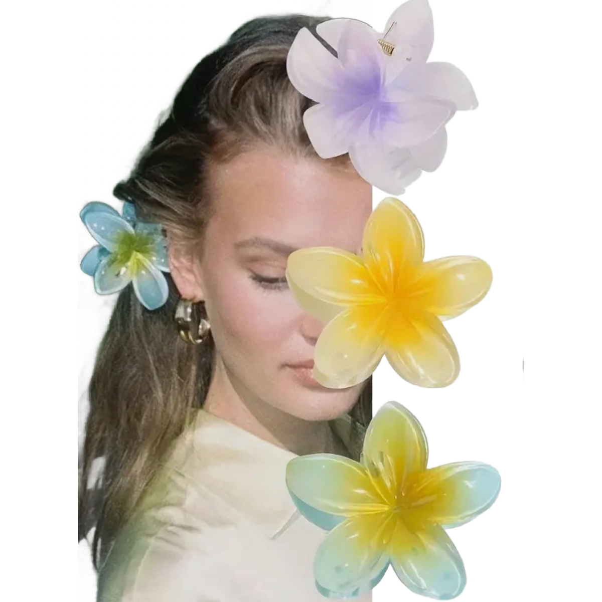 Lot of 3 Flower Hair Claw Shark Clips 3.2" Blue Yellow Purple New Boho Accessory