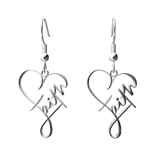 Stainless Steel Heart Cross "Faith" Silver Earrings Dangle Hook New