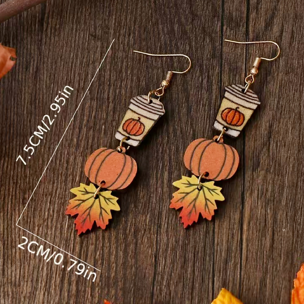 Wooden Dangle Earrings Maple Leaf Coffee Cup Pumpkin Autumn Fall Harvest NEW