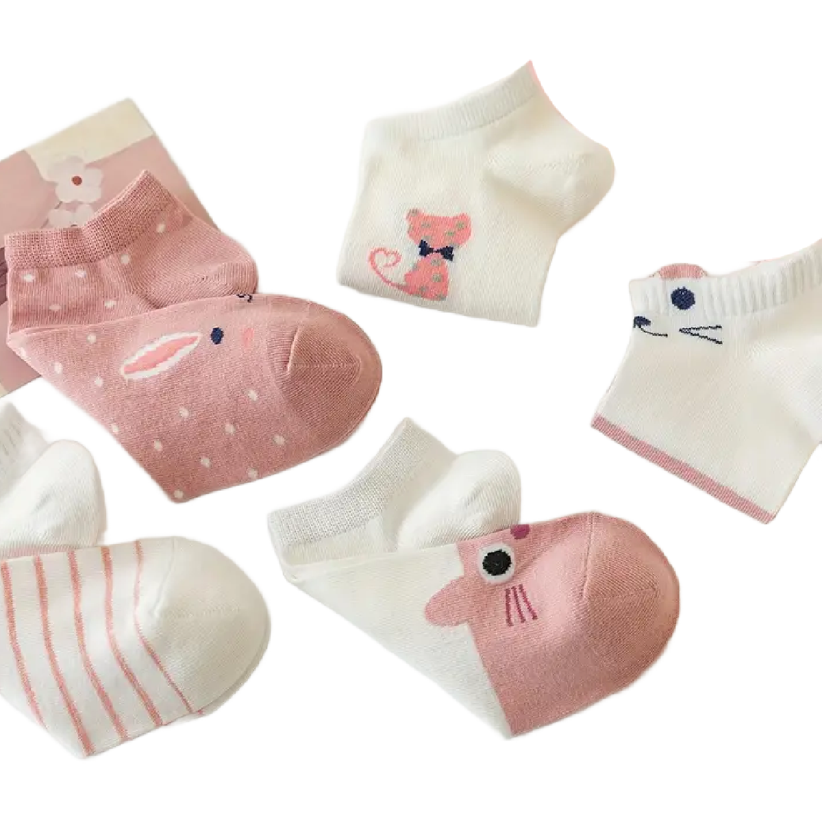 5 Pairs Socks Low Cut Ankle White & Pink Cute Animals Women's Stockings Hosiery