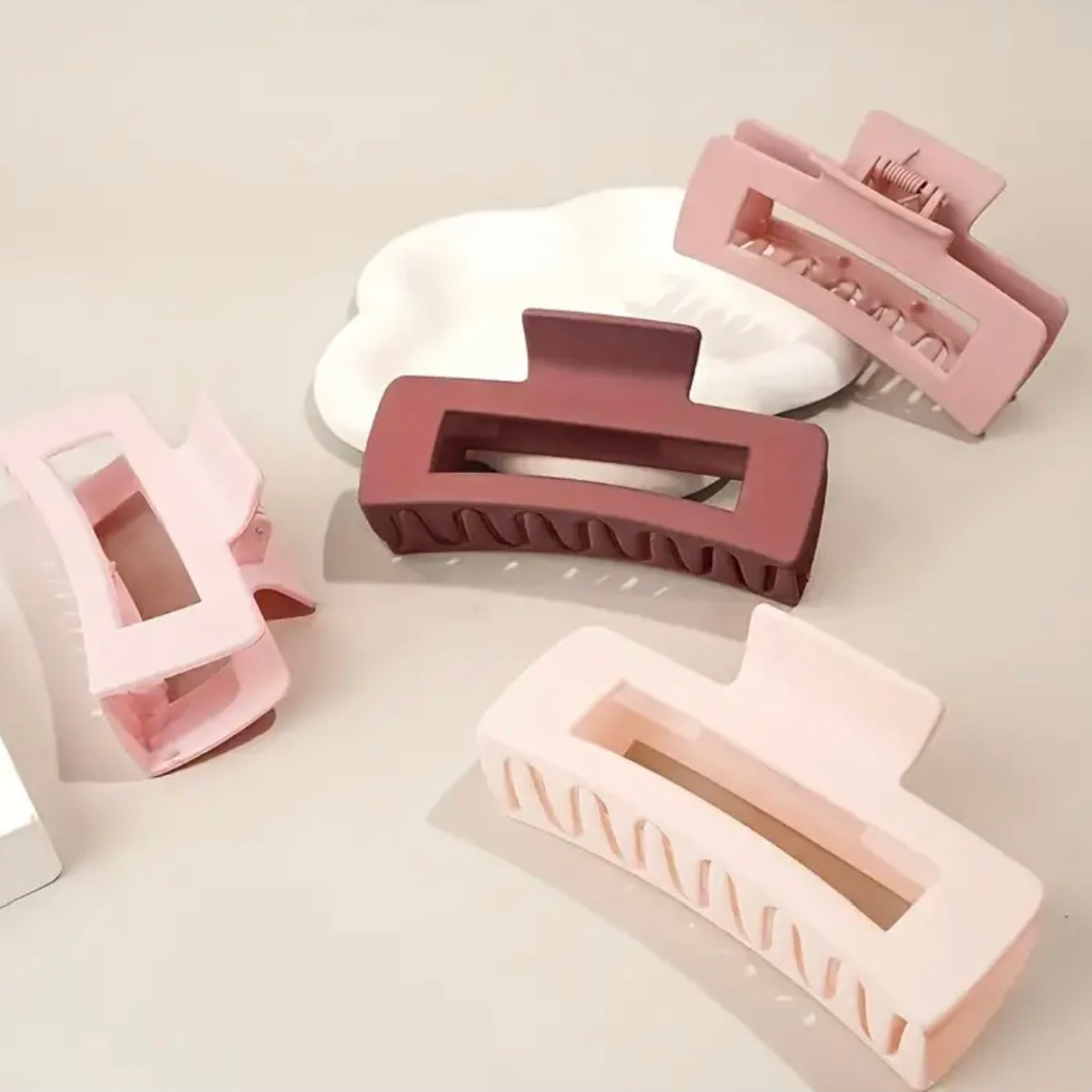 Lot of 4 Hair Claw Shark Clips 4.13" Matte Hollow Rectangle Non Slip Pink Shades