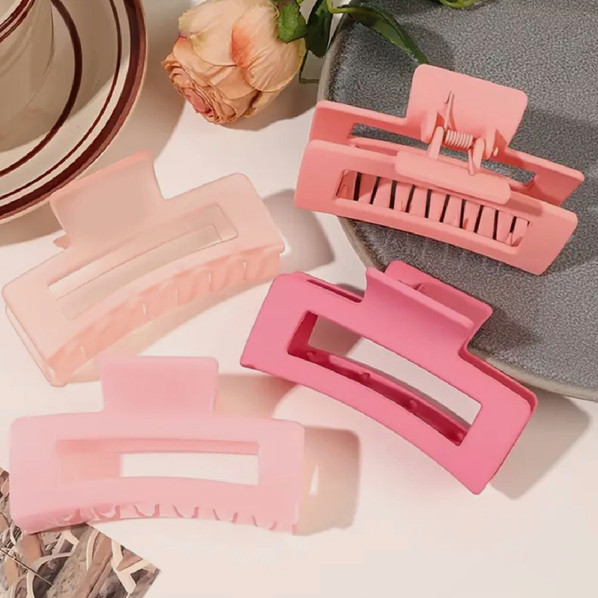 Lot of 4 Hair Claw Shark Clips 3.3" Hollow Rectangle Non Slip Pink Jelly & Solid