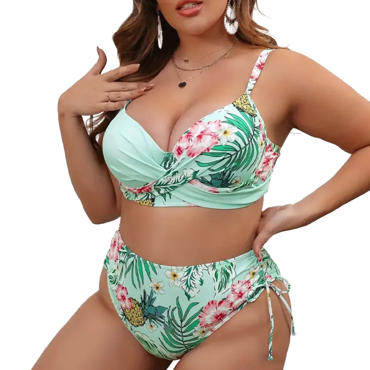 2pc Tropical Print Bikini Swimsuit Criss-Cross Top High Waisted Lace Up Bottom