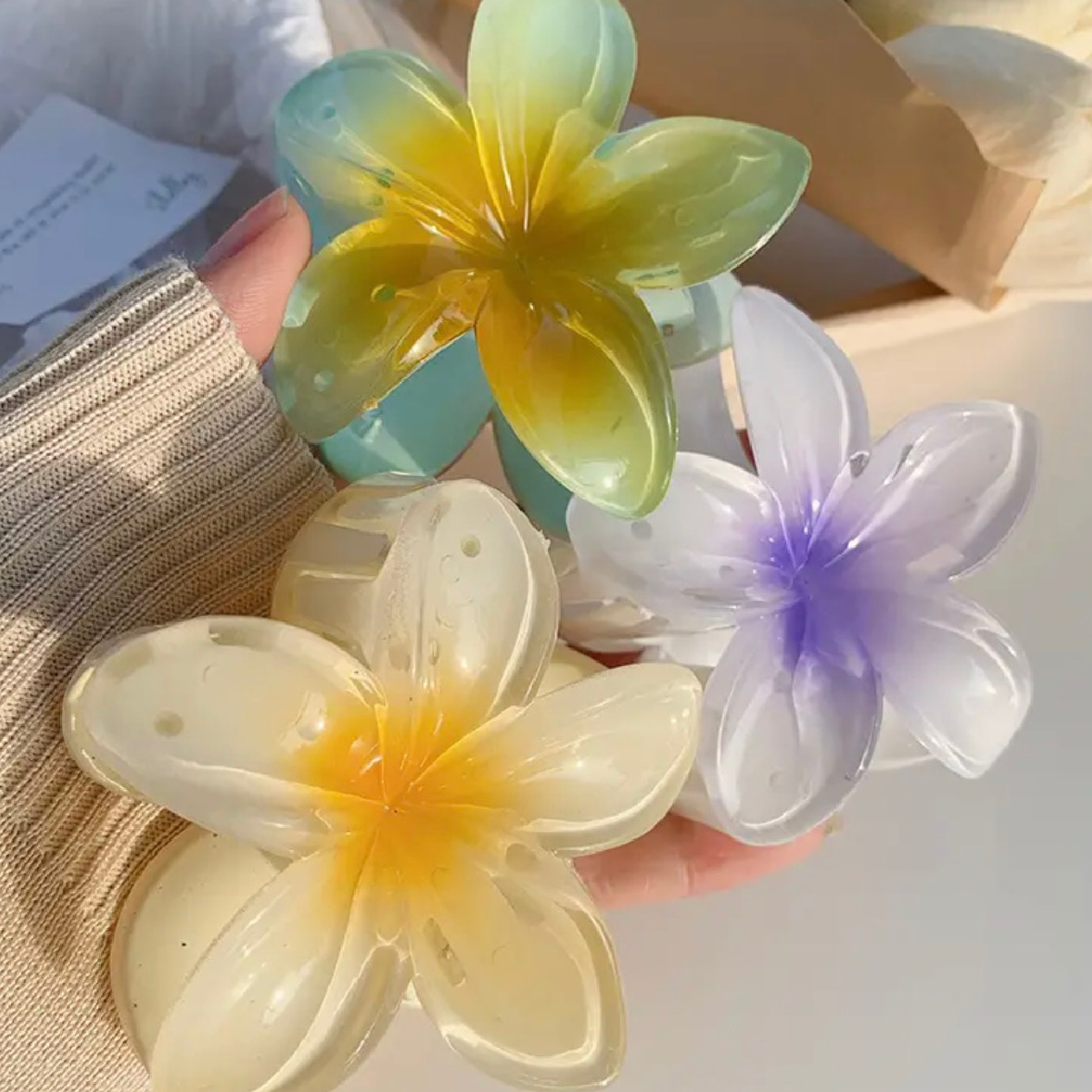 Lot of 3 Flower Hair Claw Shark Clips 3.2" Blue Yellow Purple New Boho Accessory