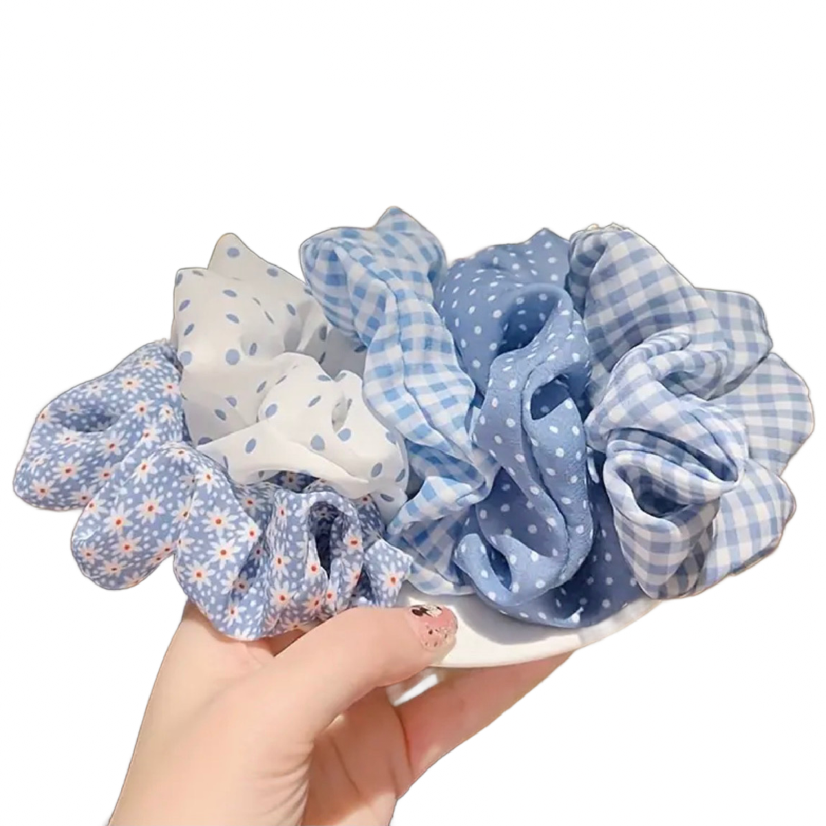 5pc Hair Blue Scrunchies Ponytail Elastic Ties Set Lot Polka Dots Floral Gingham