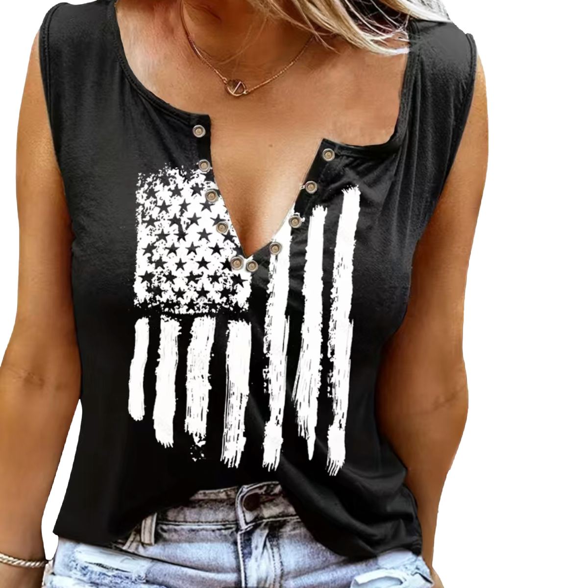 Women's Size 14 Flag Print V-Neck Soft Jersey Tank Top Black & White Shirt NEW