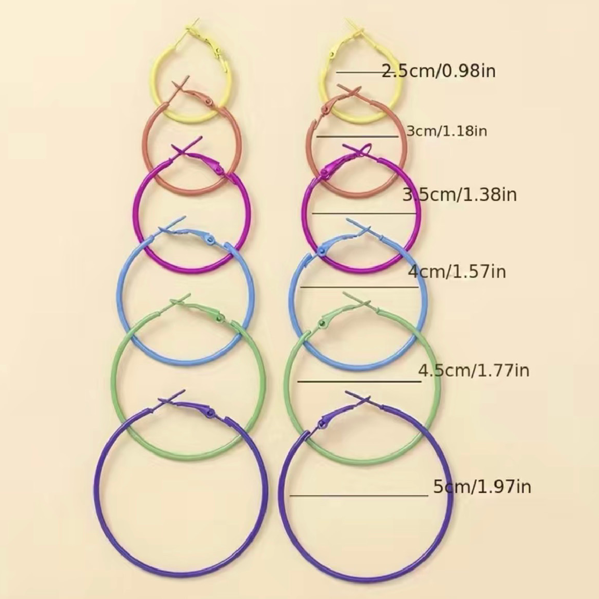 6 Pairs of Rainbow Hoop Earrings 80s 90s Punk Hinged Closure Bright Colors NEW