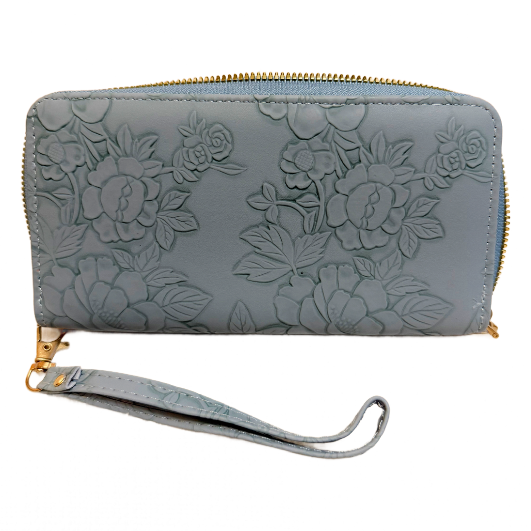 Slate Blue 7.5" Faux Leather Embossed Floral Wallet Wrist Strap Zipper New