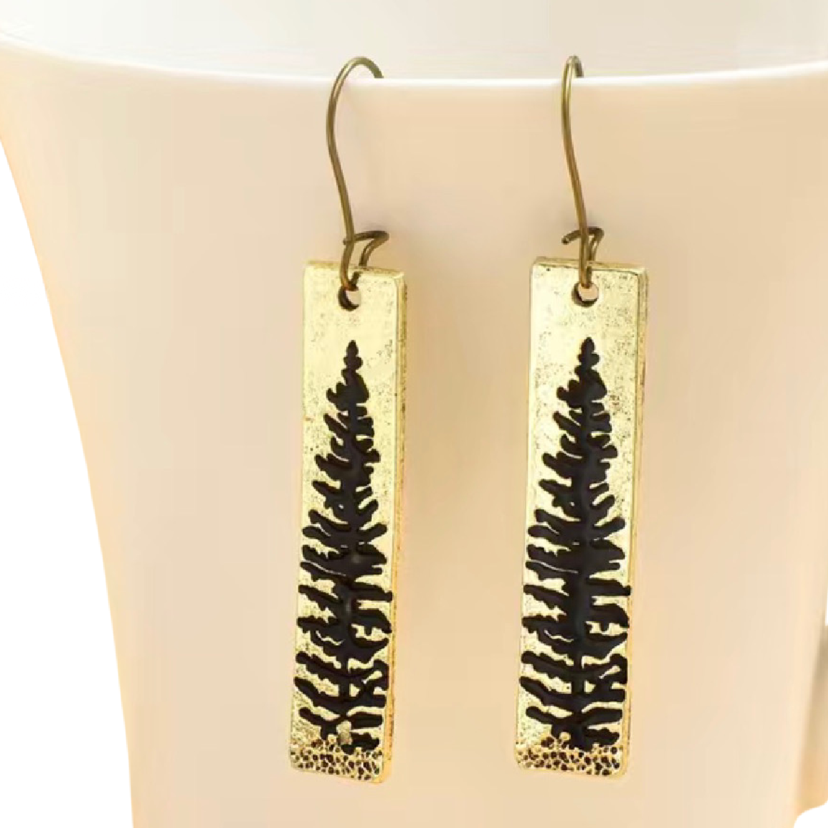 Golden Boho Forest Metal Earrings Pine Tree Holiday Winter Charm Dangle NEW