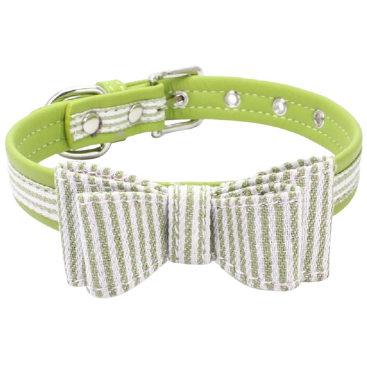 Stylish Bowknot Dog Collar In Bright Green Faux Leather Stripes NEW