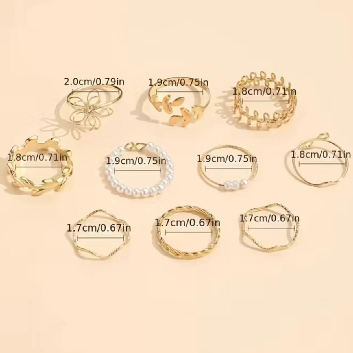 10pc Ring Set Dainty Fancy Leaf Goldtone Faux Pearl Stackable Knuckle Size 5-7