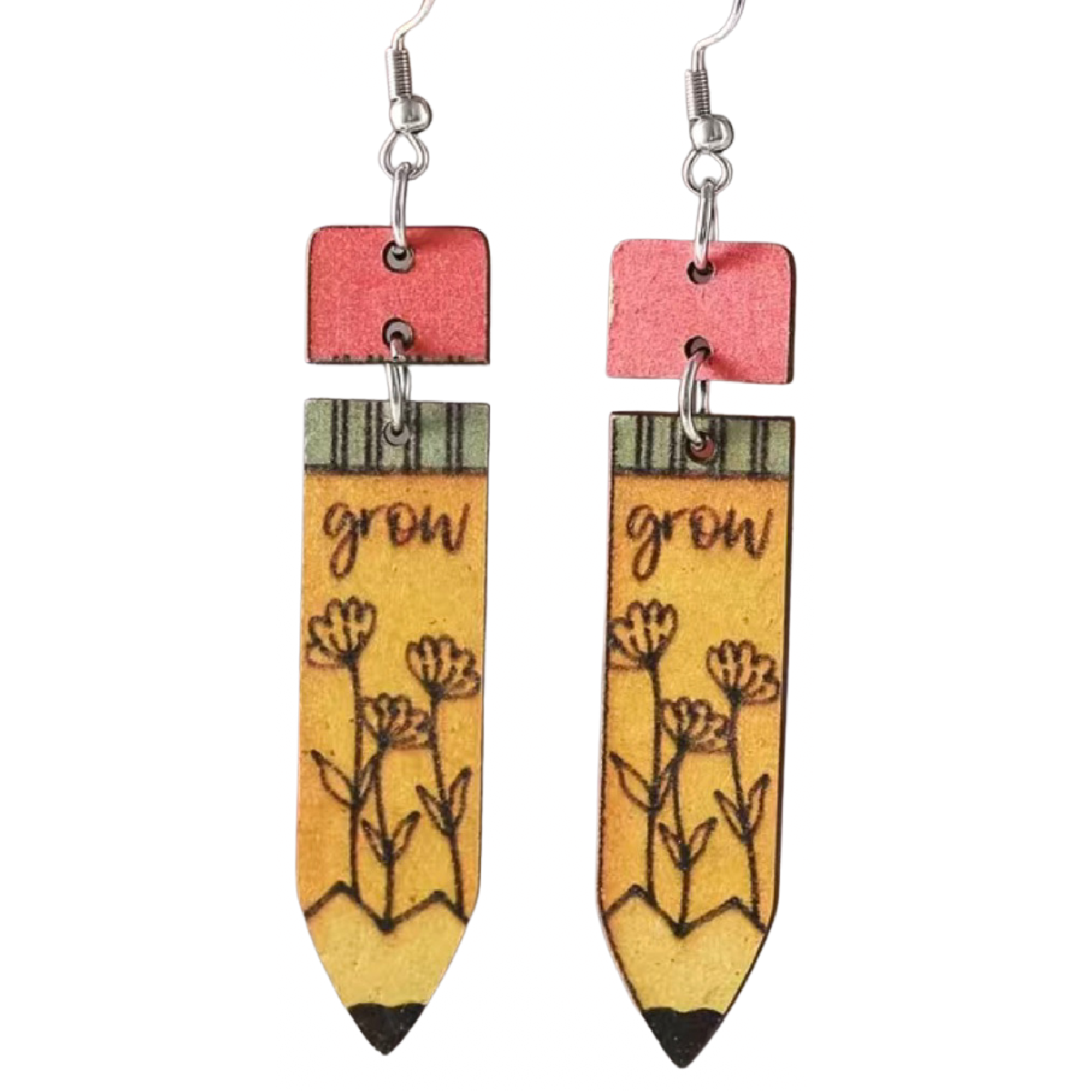 Floral Yellow Pencil Back To School Wooden Dangle Earrings Teacher Student New