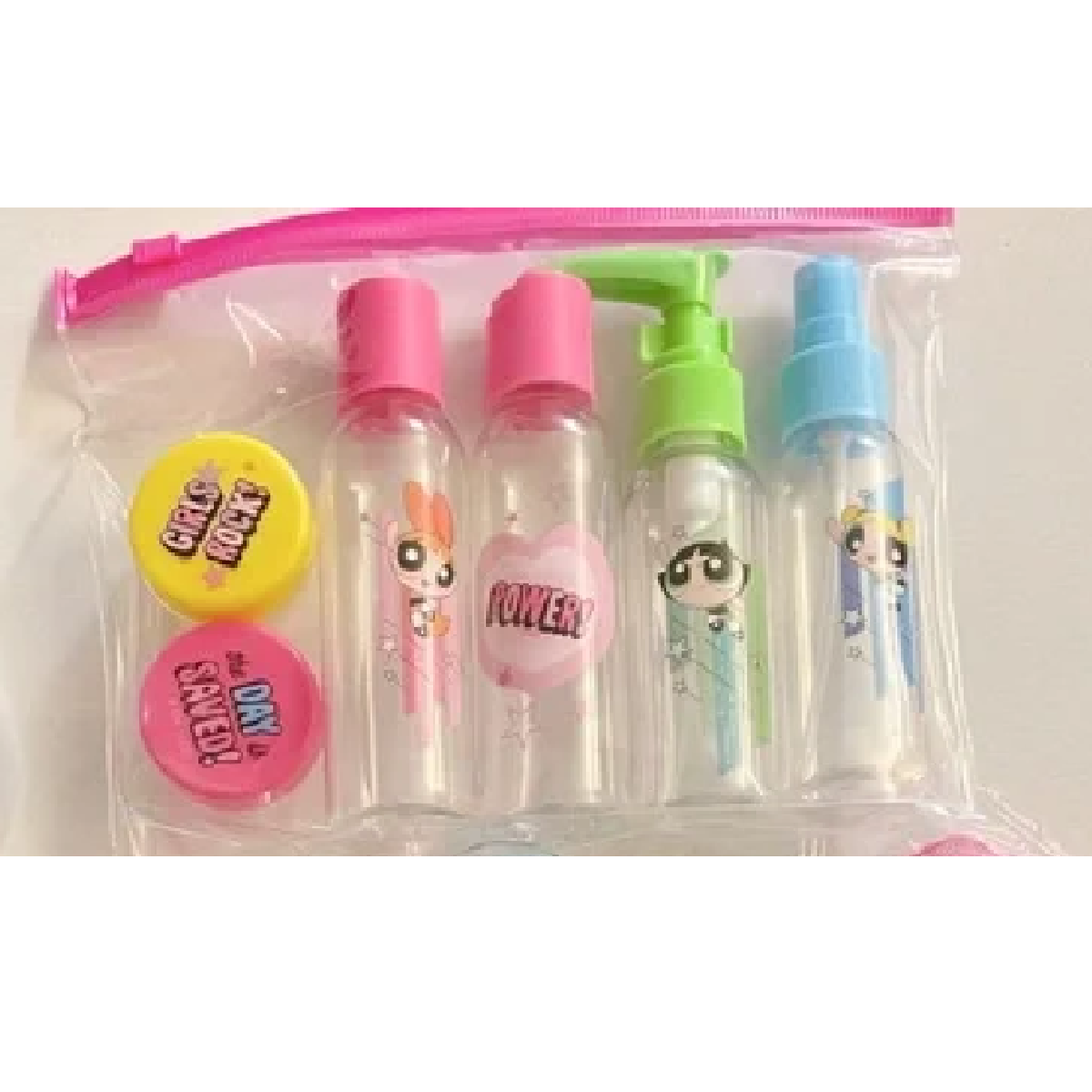 Powerpuff Girls 7pc Lot Travel Set Spray Squirt Bottles, Lidded Containers, Bag