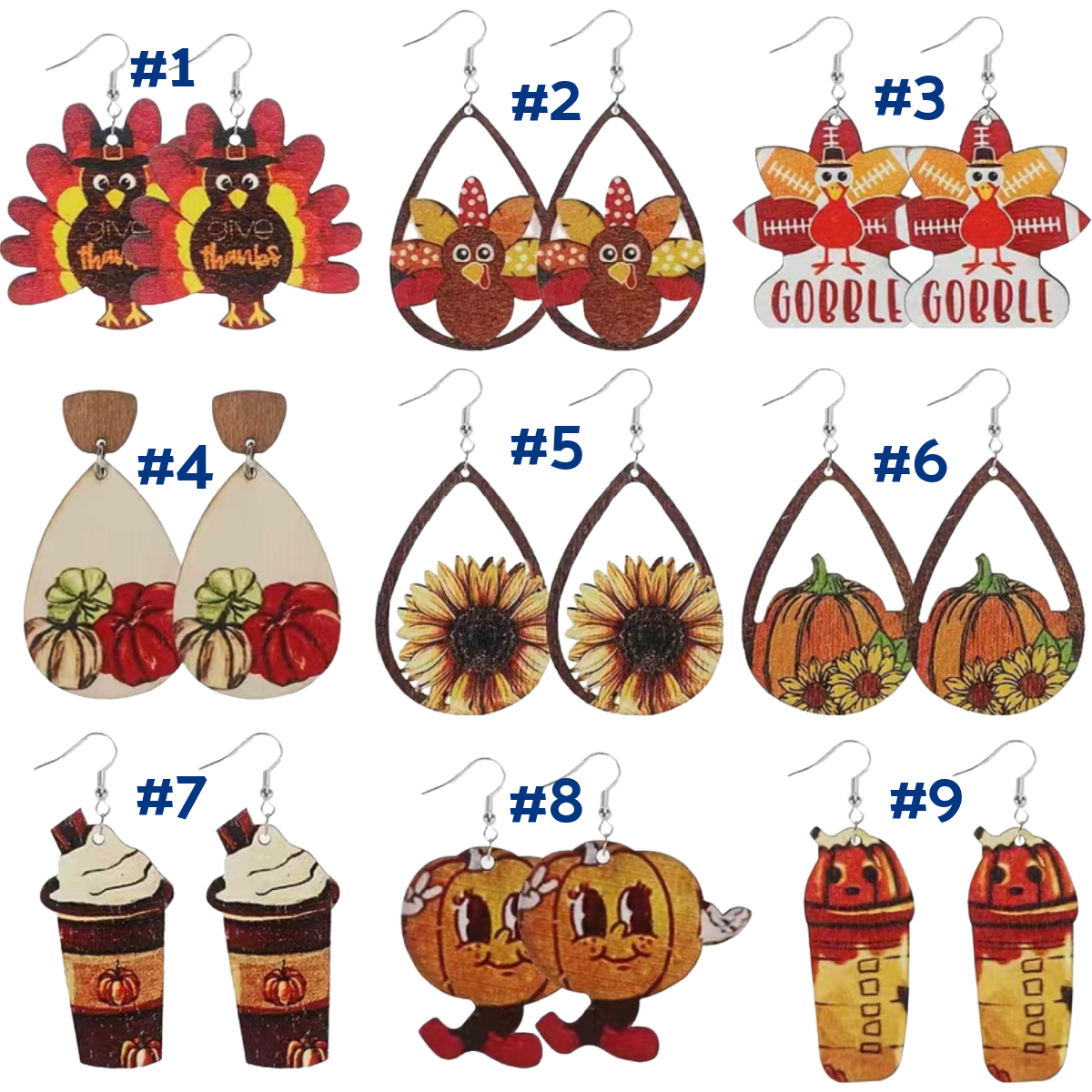 Autumn Pumpkin Wooden Earrings Gourds Coffee Latte Shake Fall Colors Dangle NEW