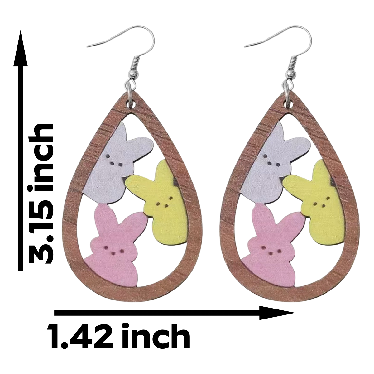 Easter Bunny Earrings Wooden Teardrop Lightweight Wire Hook Spring Dangle New