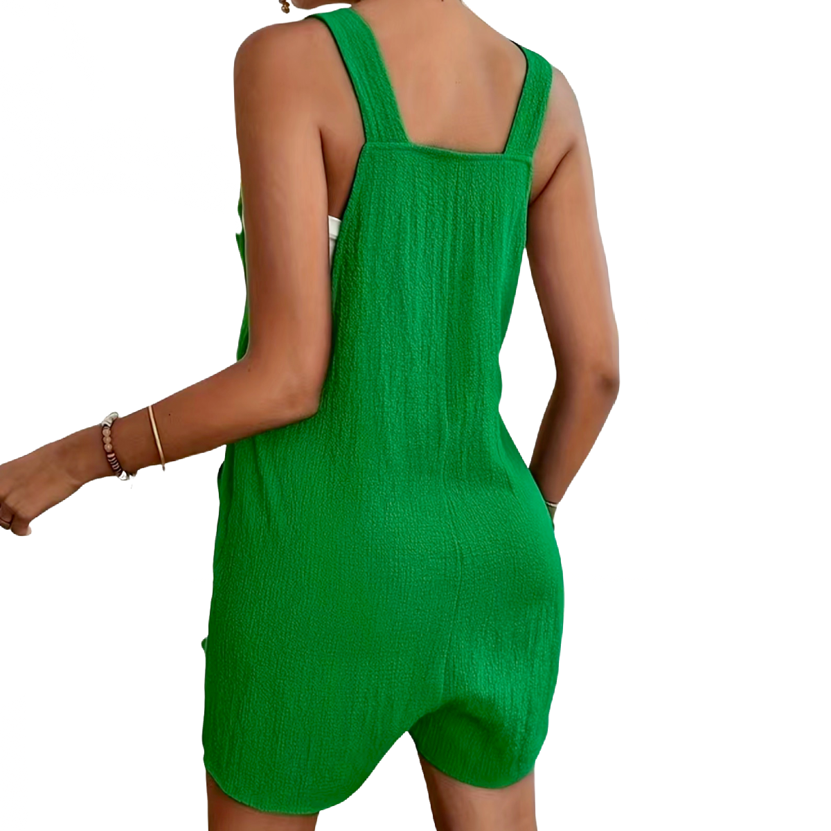 Green Textured Romper Jumpsuit Overalls Casual Adjustable Strap Pocket NEW