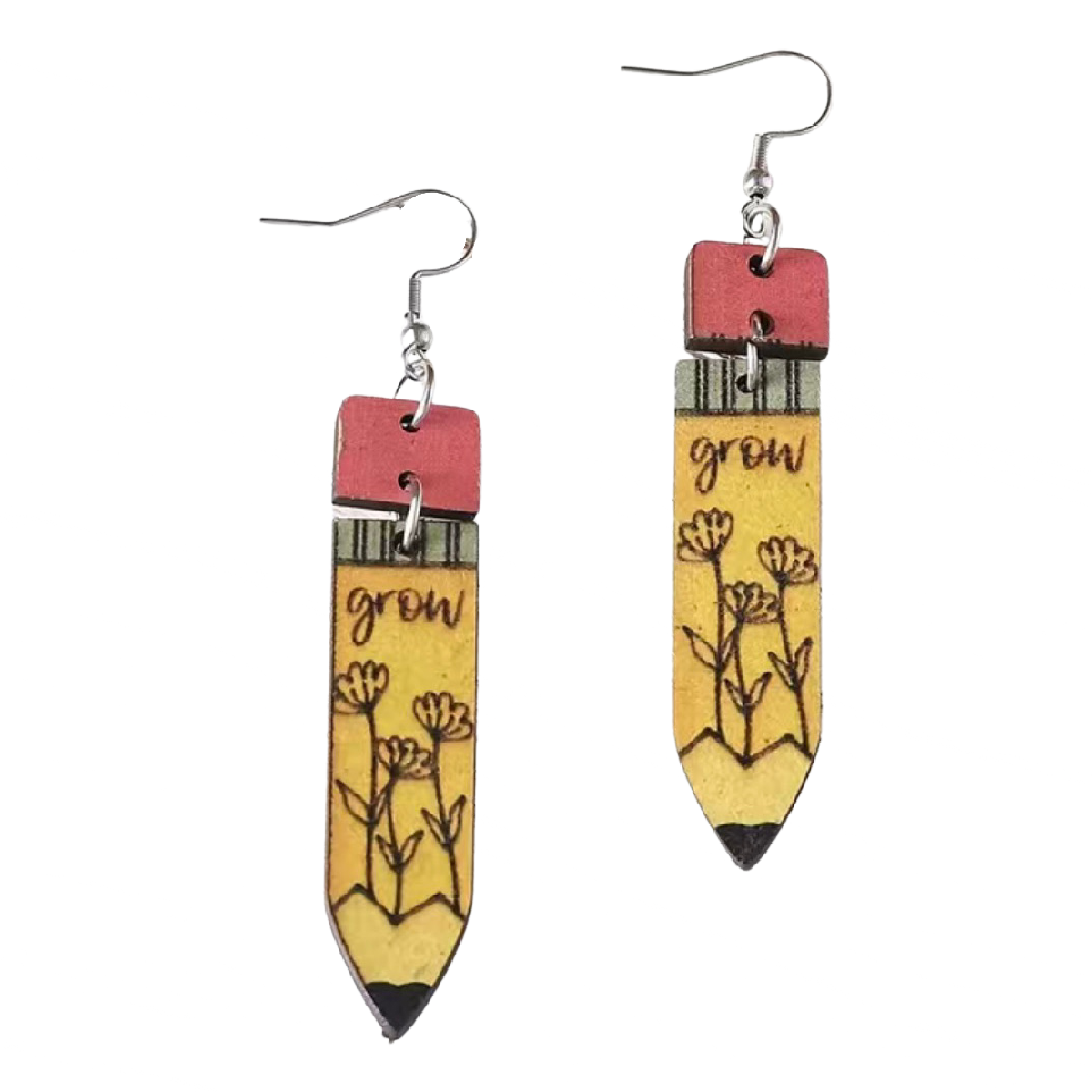 Floral Yellow Pencil Back To School Wooden Dangle Earrings Teacher Student New