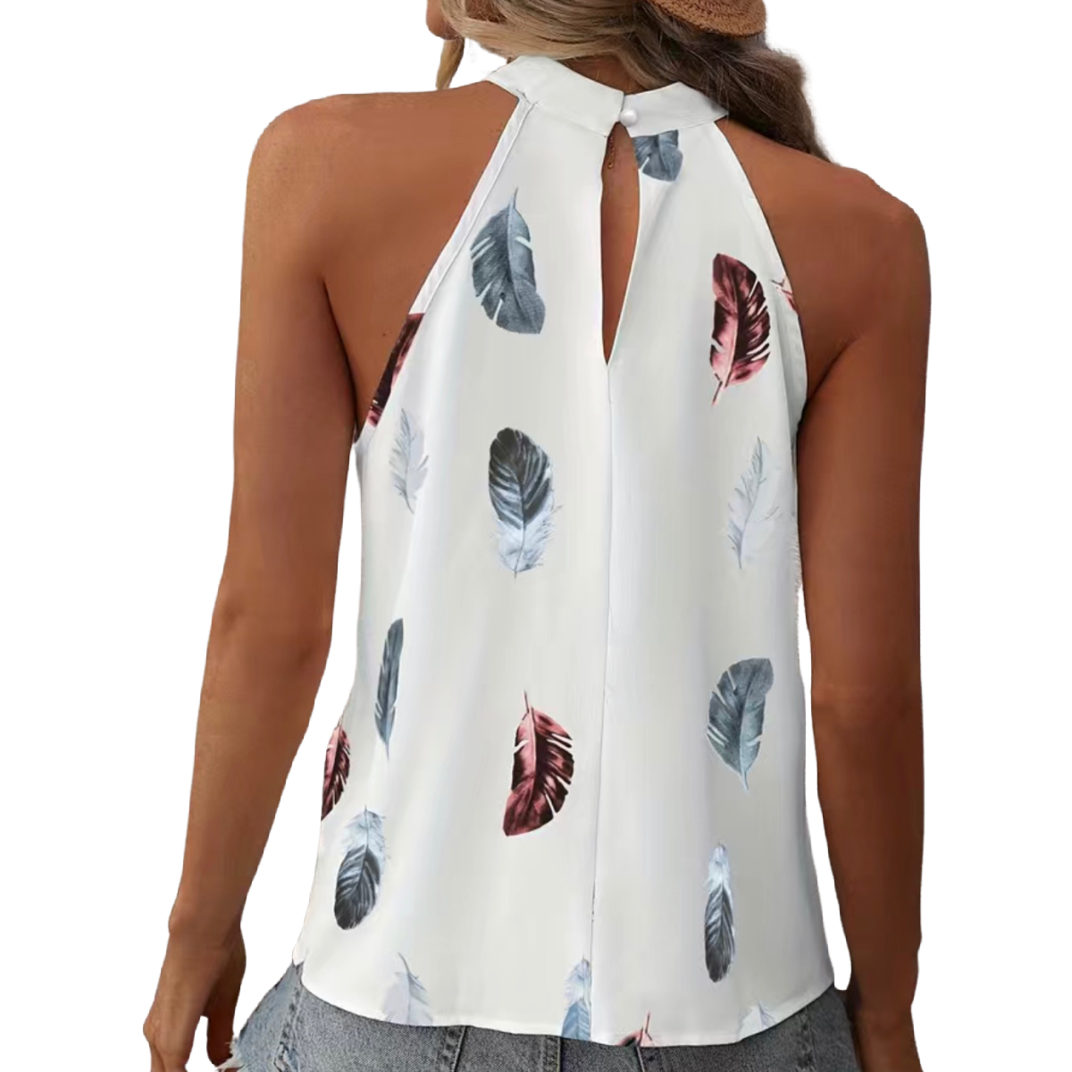 Halter Top Boho All Over Feather Print Keyhole Back Sleeveless Summer Shirt NWT